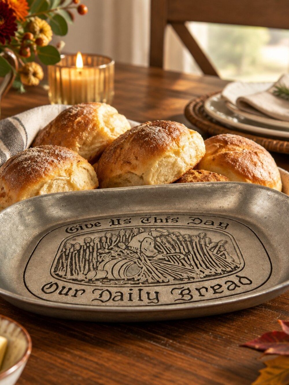 Vintage WILTON Bread Serving Plate Tray Pewter Give Us This Day Our Daily Bread
